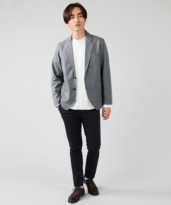 グレーテーラードジャケット×ストライプシャツ×ジーンズデニムパンツ biz19ss_7156のコーディネート例ビジネス ・オフィス・スマートカジュアル専門通販