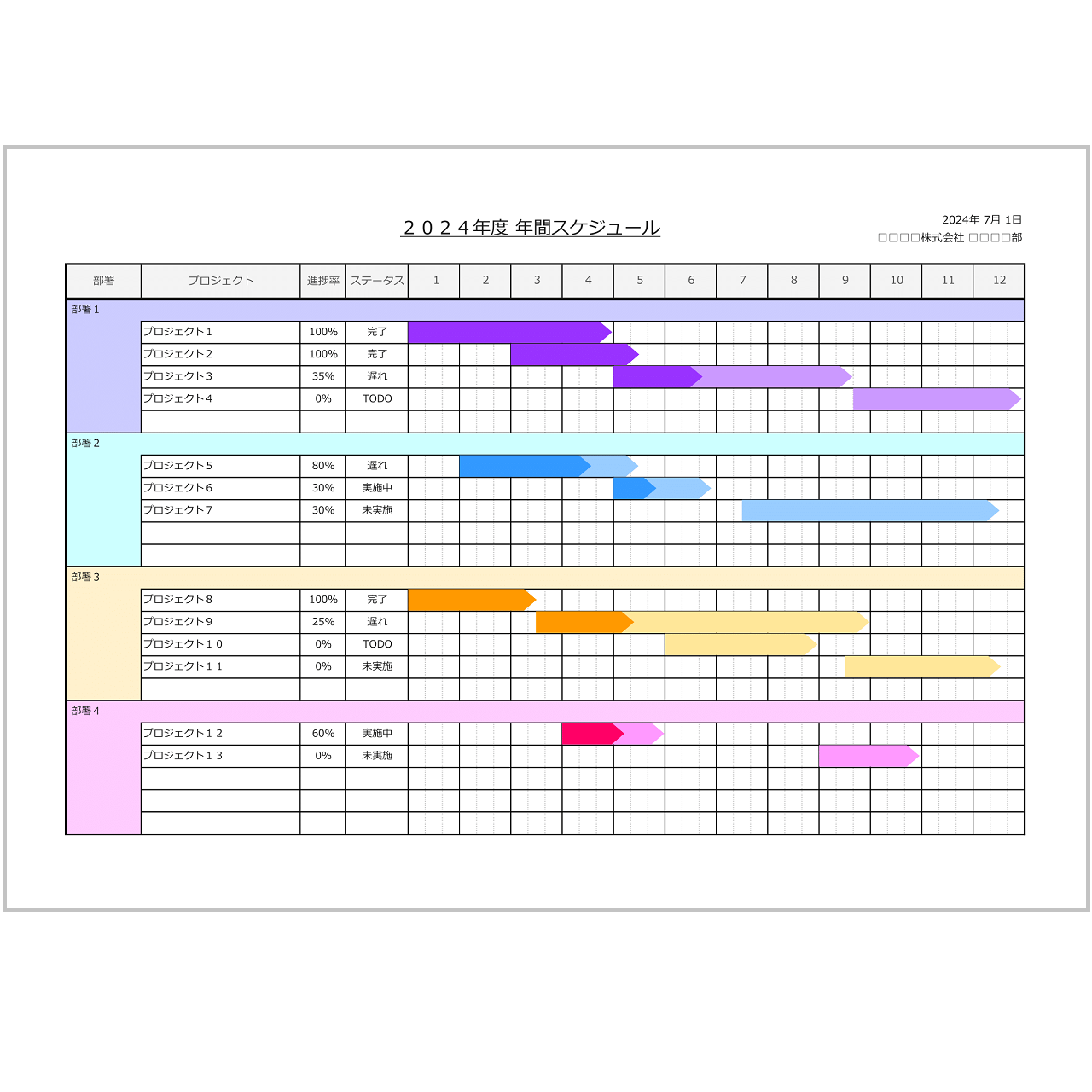ガントチャート テンプレート 無料DL Excel工程・進捗可視化日・週・月・年間・時間刻み対応Bizroute