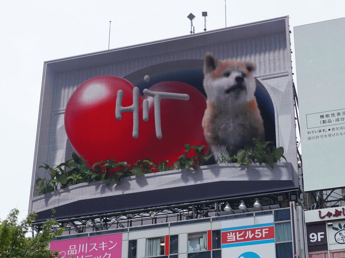 渋谷駅前のシブハチヒットビジョンで「時を稼ぐ男」の3D広告が放映されています。, 青汁王子こと三崎優太さんと、著書が飛び出てくるクリエイティブ。,この媒体で3D広告は久しぶりに見ました。平面3Dも迫力がありますね。, 以前はＤクリニックのナインティナインが登場する広告が放映されていました。,https:www.sogohodo.co.jp ooh 7471総合報道