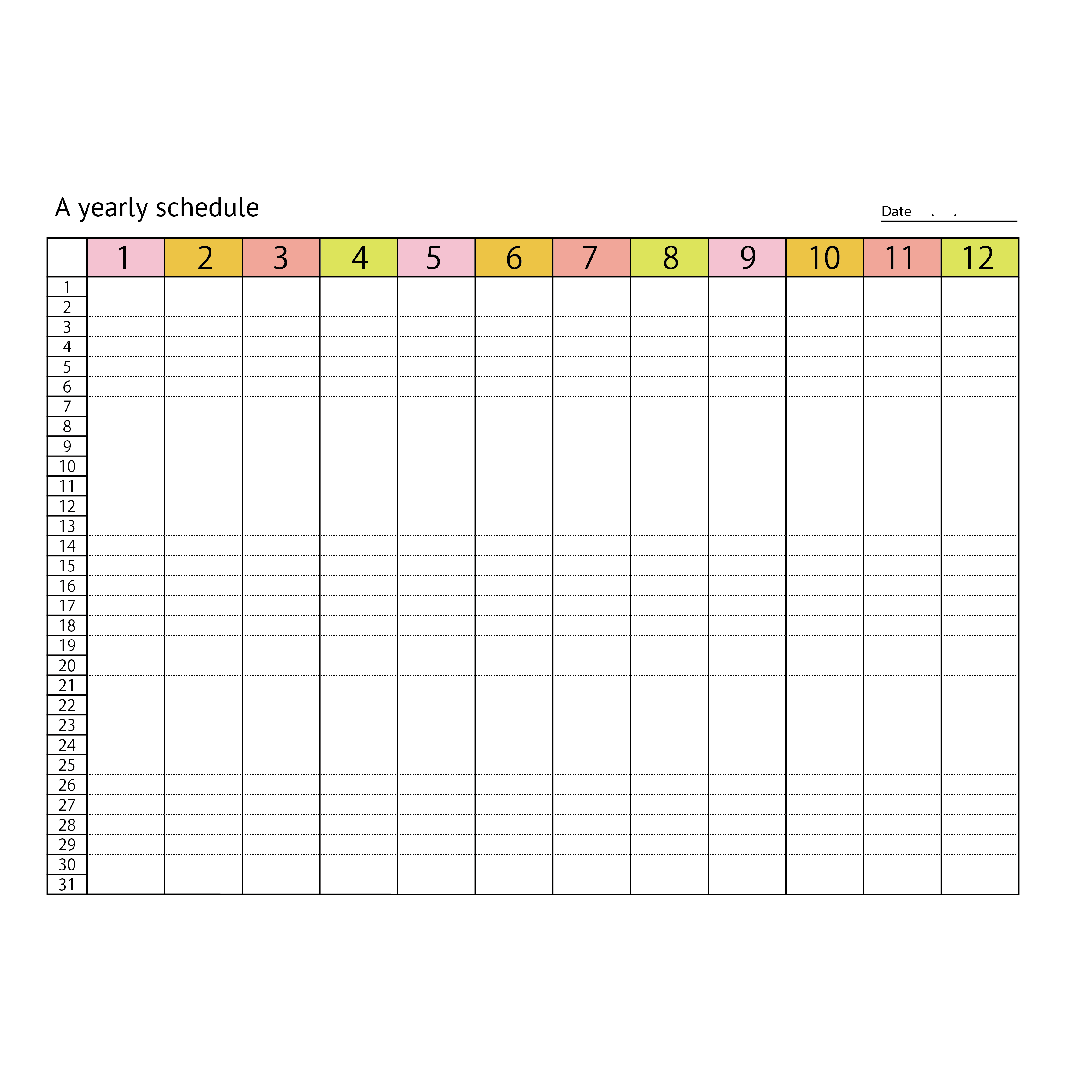 年間予定表テンプレート A4横型365日表示 パワーポイントフリー素材、無料素材のDigipot