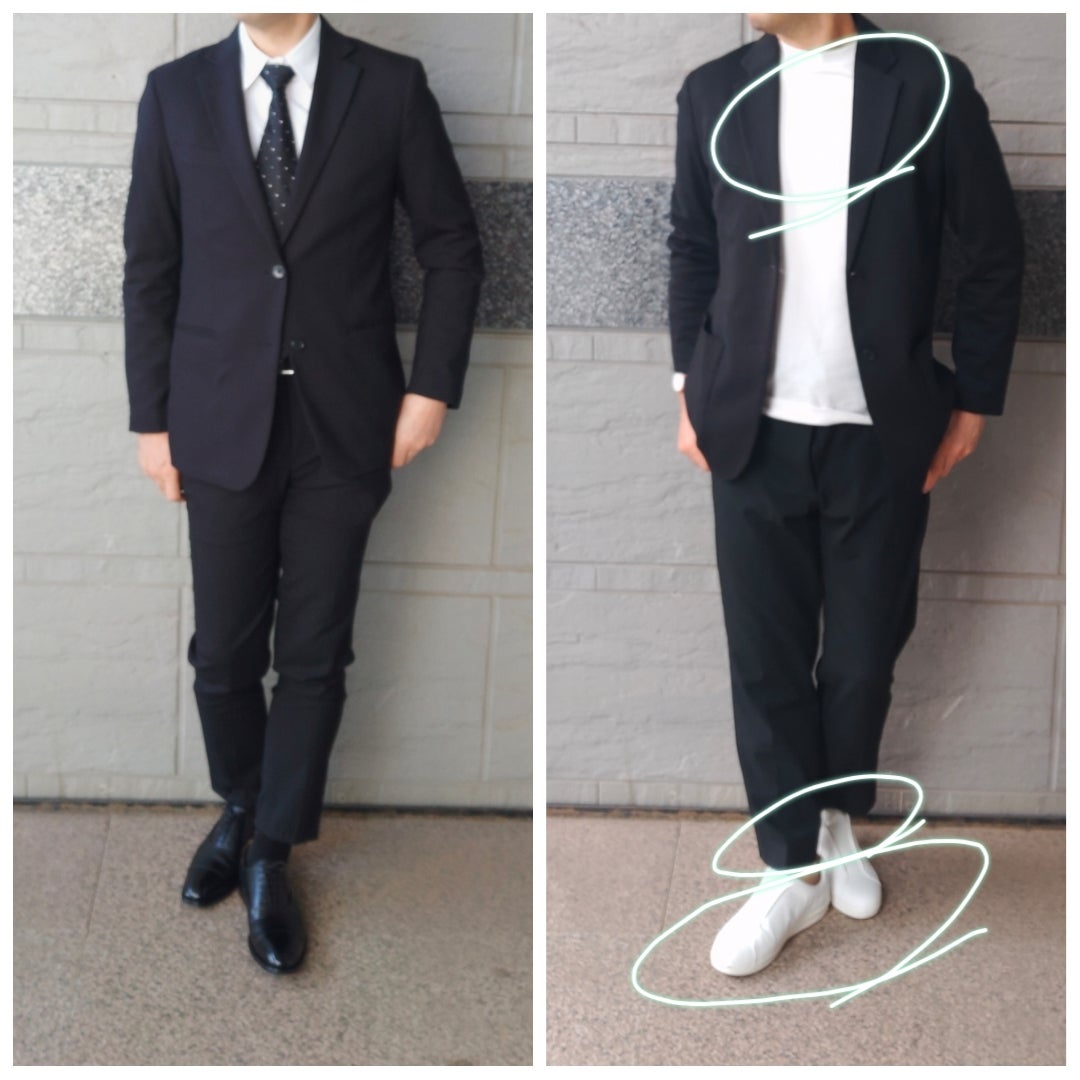 感動ジャケット、スーパーノンアイロンスリムシャツ セミワイド ストライプ」の着用コーディネート ユニクロ公式