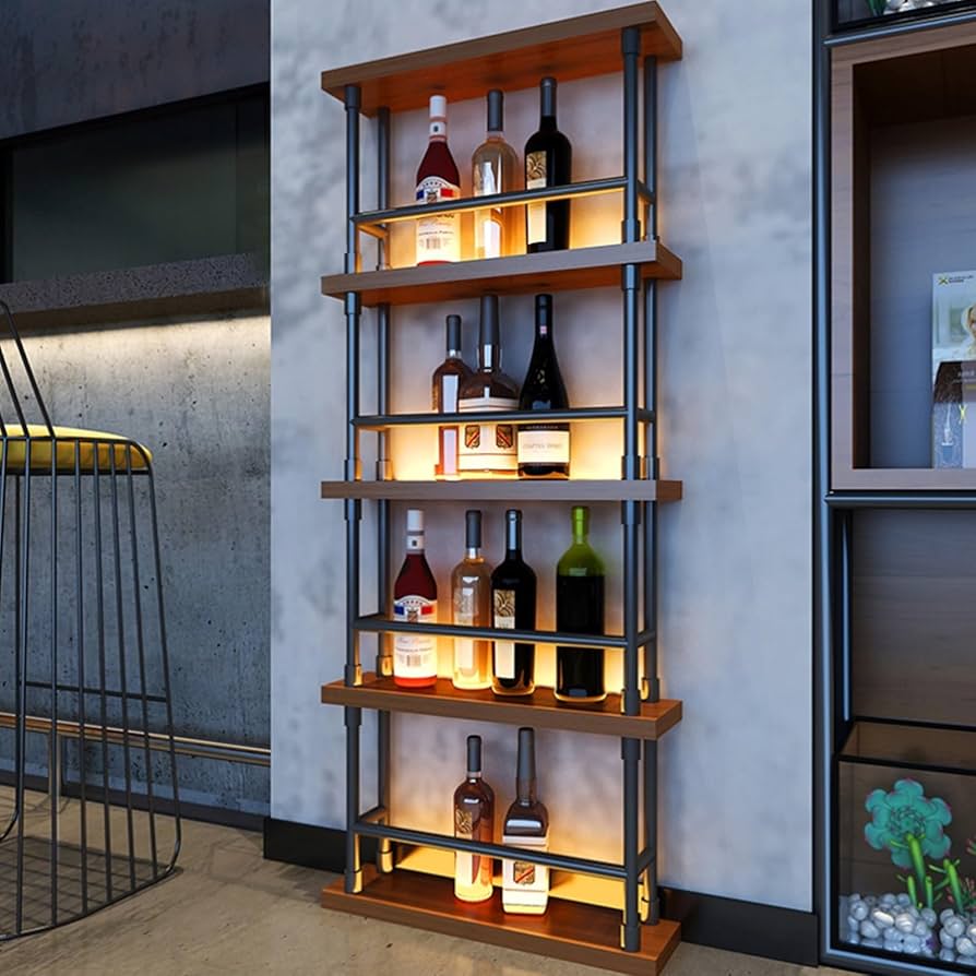 木製ストレージ 酒 棚壁掛け式 ウイスキー 収納 ボトルラック ワインラック 照明付き木製壁掛け