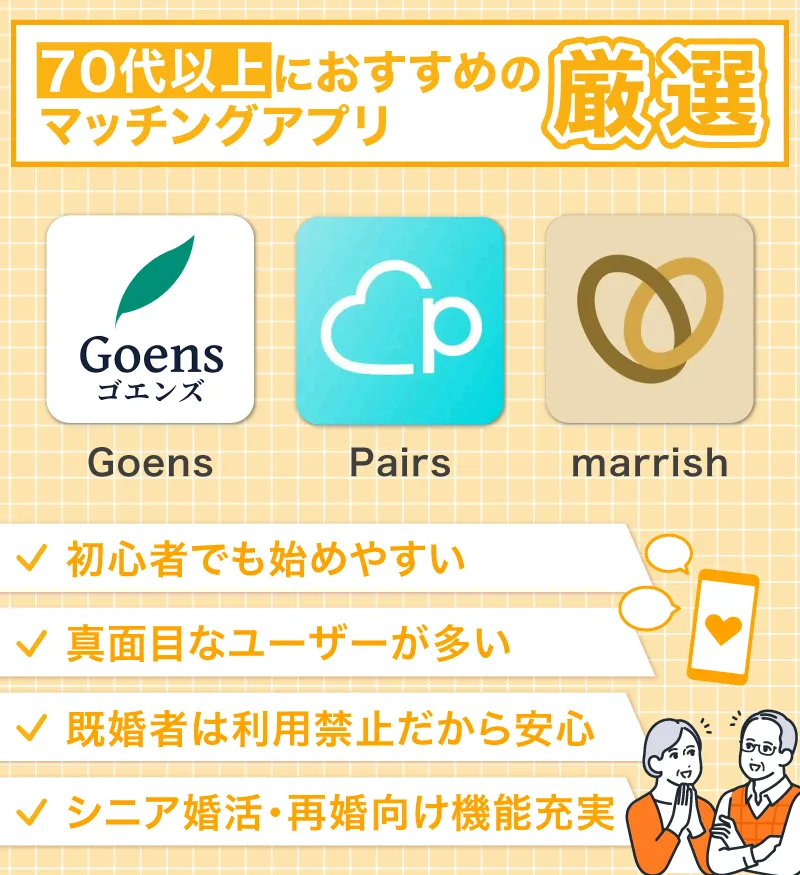 2025最新 60代シニアにおすすめマッチングアプリ！熟年・高齢者に人気の出会いの場は？ - マッチングアプリGoens ゴエンズ