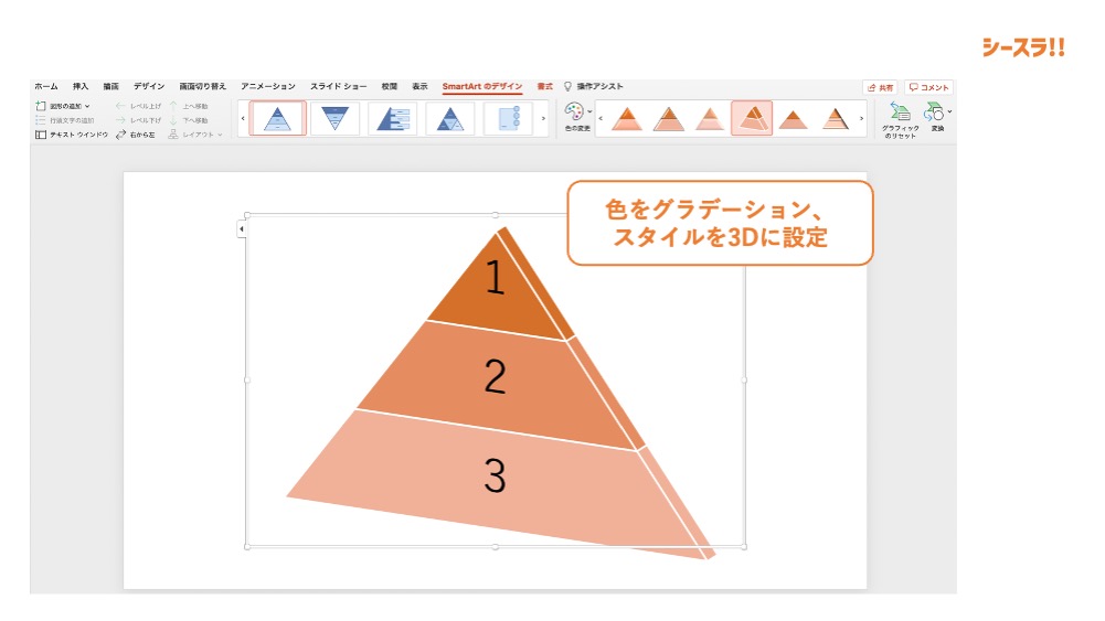 パワーポイントでの立体ピラミッドスライド作成法