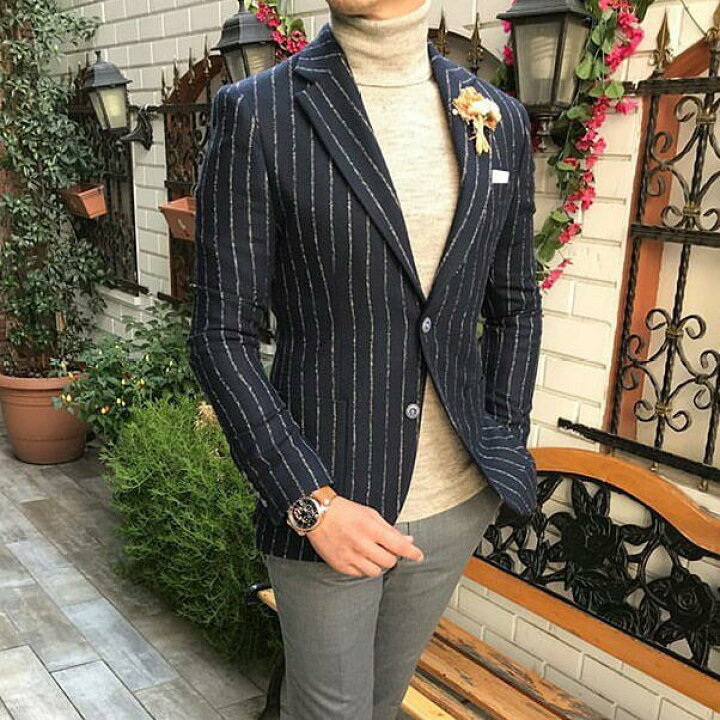 20代メンズジャケパン3点コーデセット ネイビージャケット×ストライプ長袖シャツ×グレースラックス bizビジネス ・オフィス・スマートカジュアル専門通販
