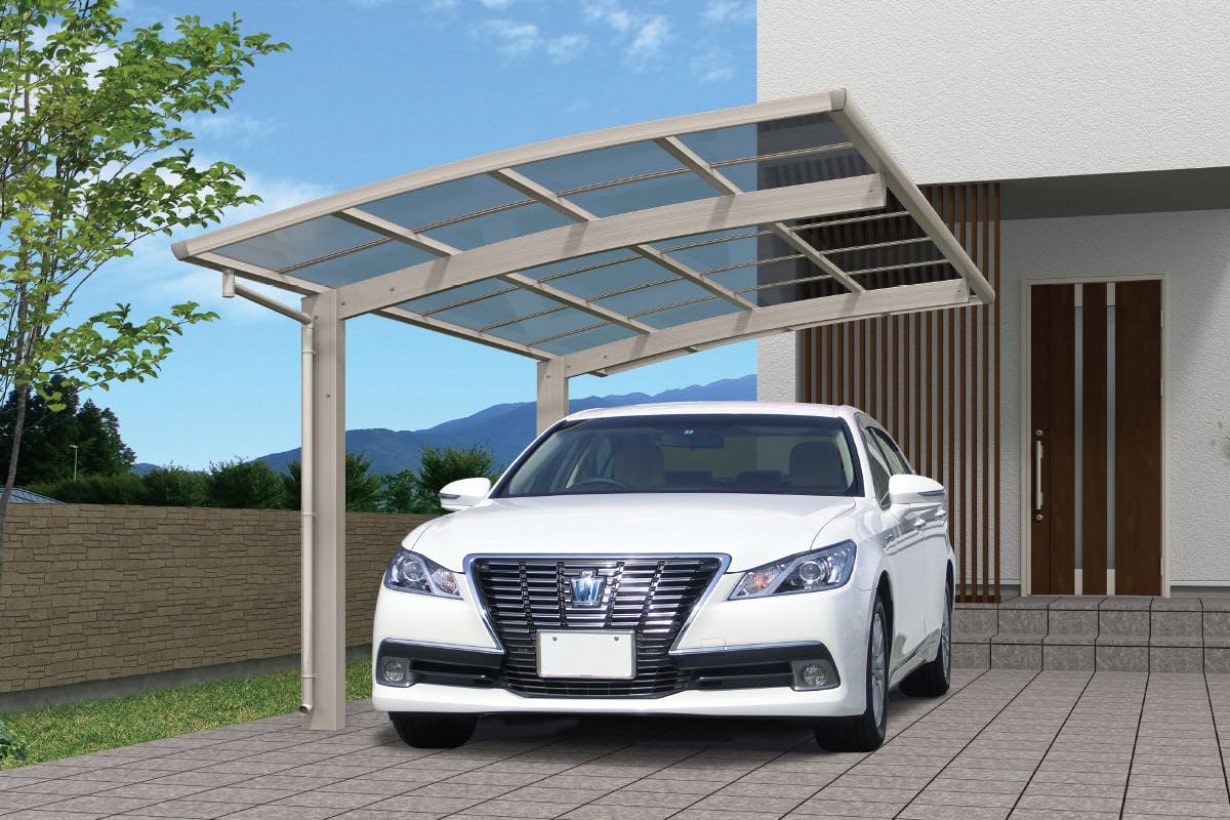 カーポートSC2台用屋根木調タイプ片側梁延長仕様豊中市大阪・神戸外構・エクステリアエクセル